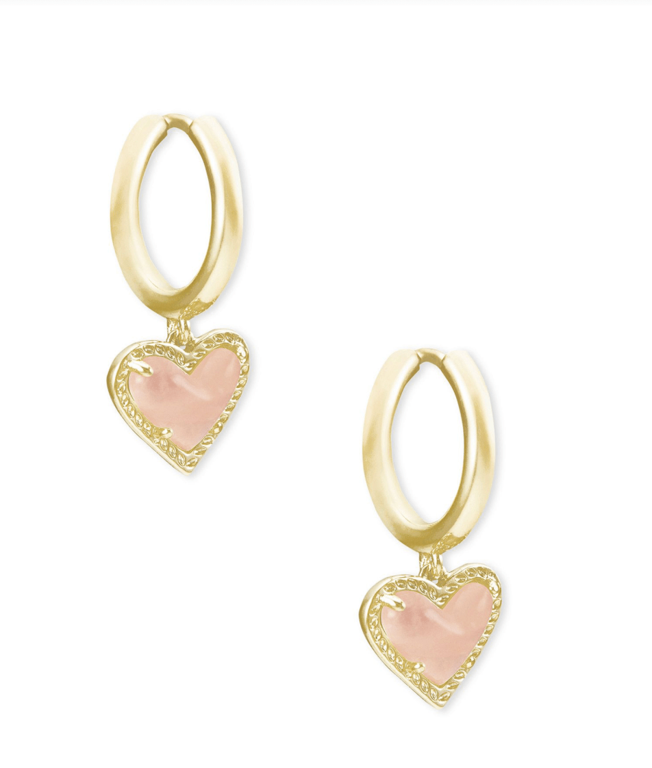 Ari heart huggie earrings in gold rose quartz - Heart On A Hanger