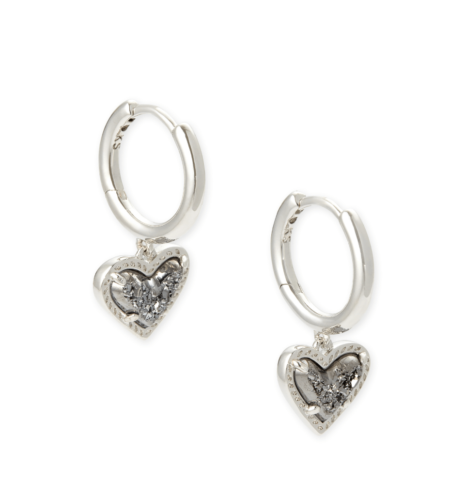 Ari heart huggie earrings in rhodium platinum drusy - Heart On A Hanger