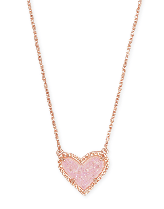 Ari heart short pendant necklace in rose gold pink drusy - Heart On A Hanger