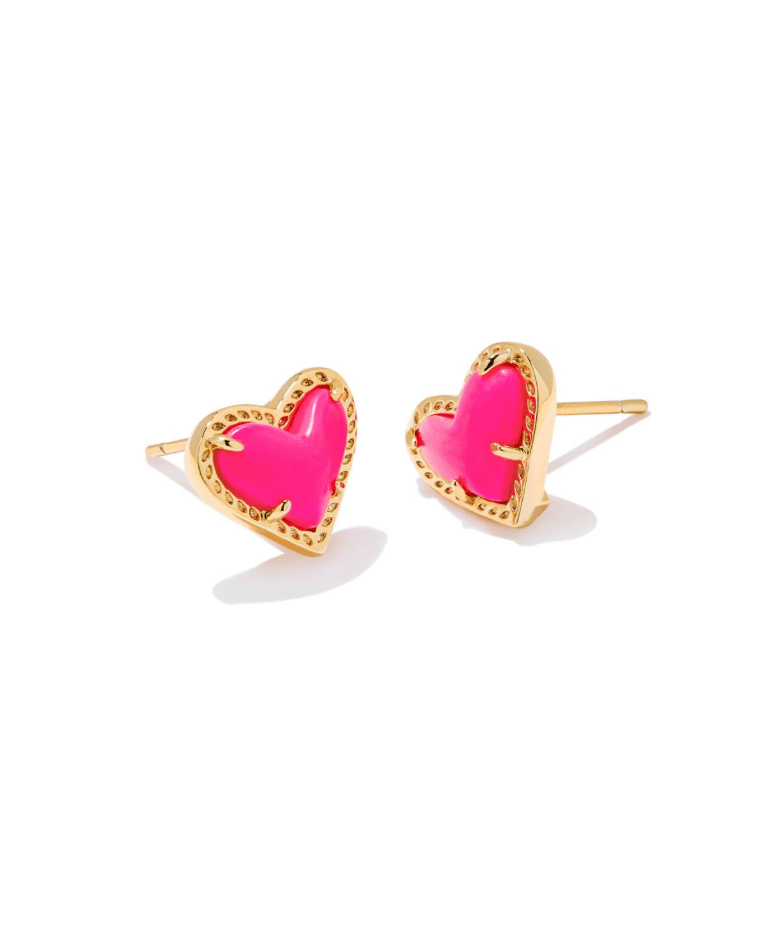 Ari heart stud earrings in gold neon pink magnesite - Heart On A Hanger