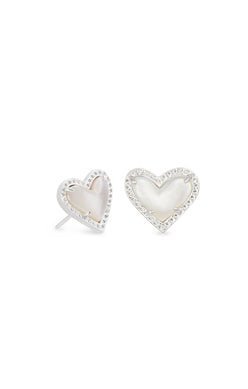 Ari Heart Stud Earrings Rhodium Ivory Mother Of Pearl - Heart On A Hanger