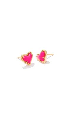 Ari Stud Heart Earrings Gold Neon Pink Magnesite - Heart On A Hanger