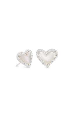 Ari Heart Stud Earrings Rhodium Ivory Mother Of Pearl